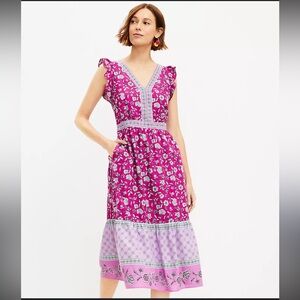 LOFT Border Ruffle Midi Pocket Dress Size 8